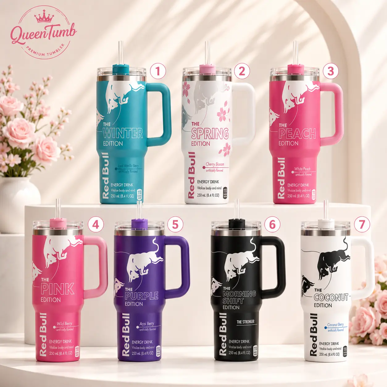 [Energy Drink Collector Edition] Red's Bull's 40oz Tumbler with Handle & Straw, Pink White Black Blue Purple Edition, Stainless Steel Double Wall Vacuum Insulated Travel Mug