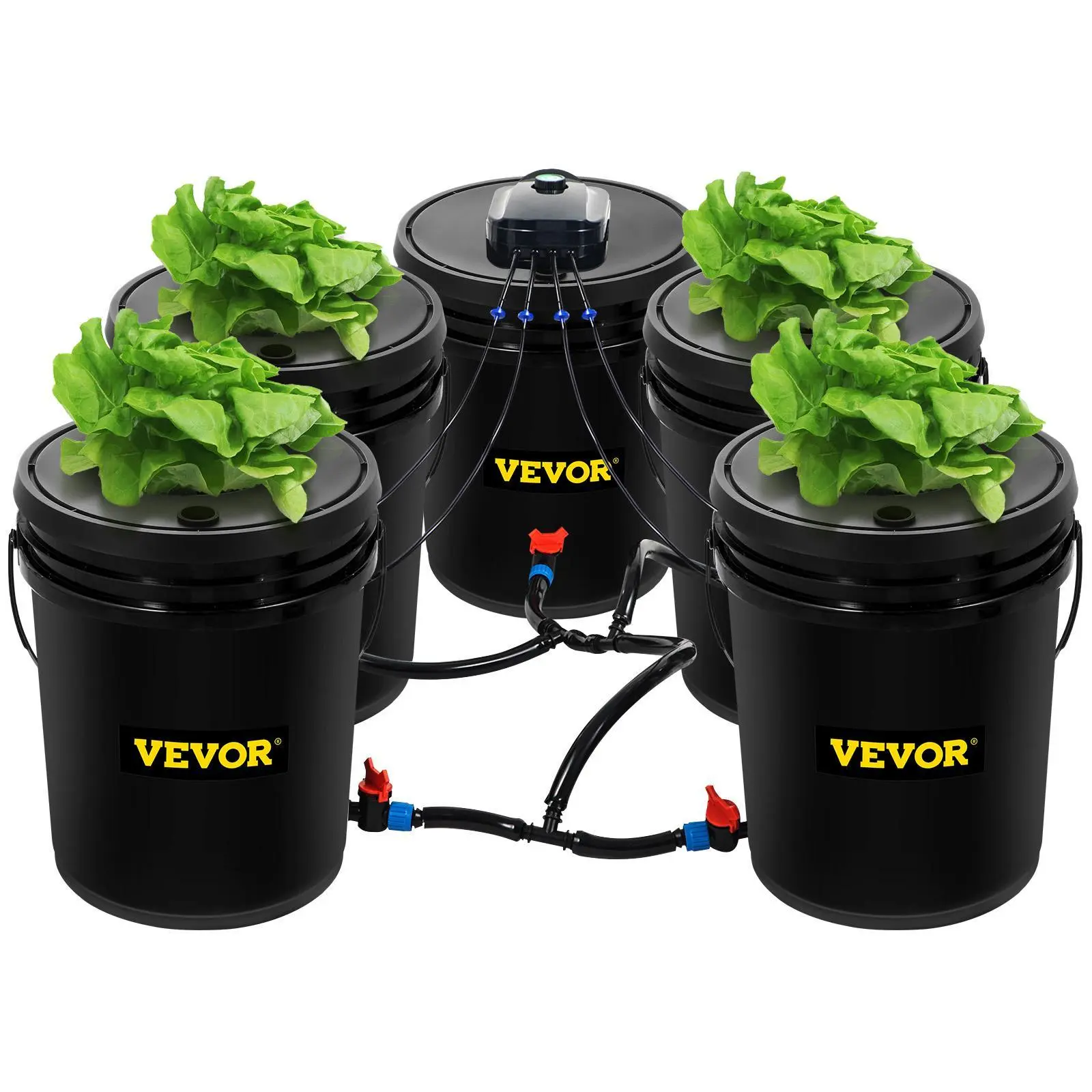 VEVOR DWC Hydroponic System,  5 Gallon 5 Buckets, Deep Water Culture Growing Bucket, Hydroponics Grow Kit with Pump, Air Stone and Connected Reservoir, for Indoor/Outdoor Leafy Vegetables#BacktoSchool