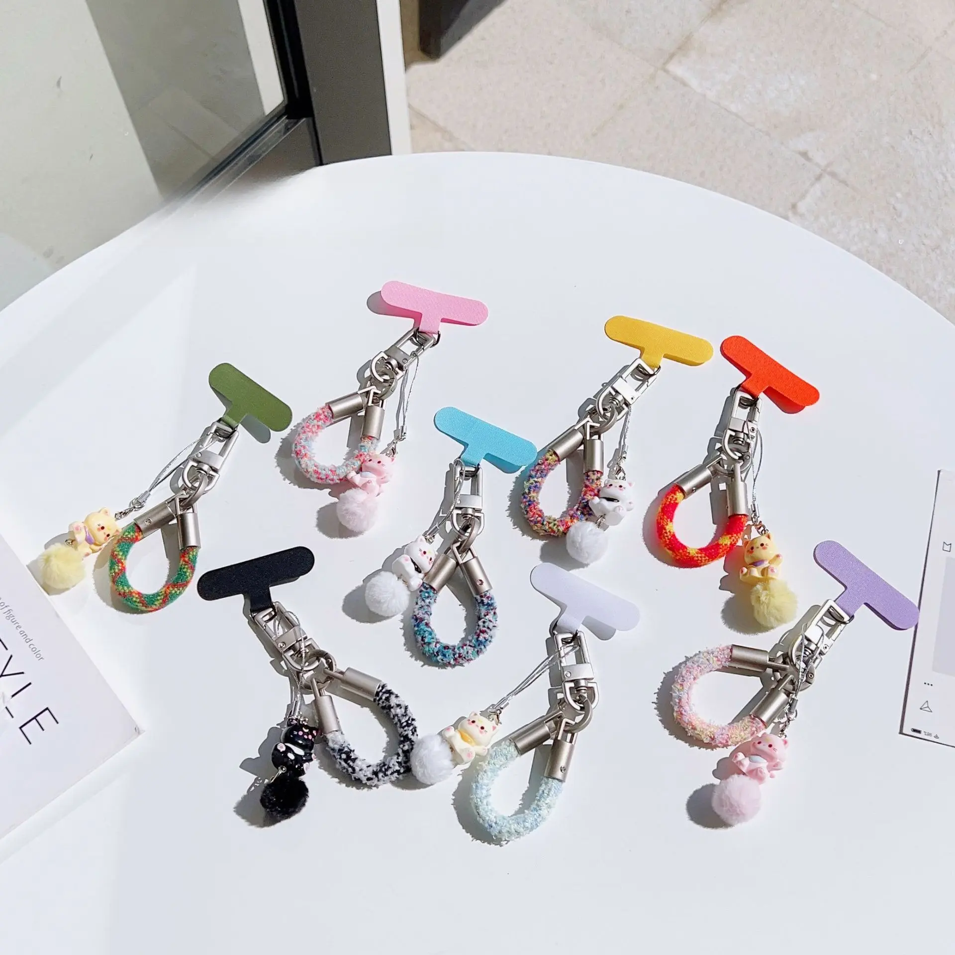 Creative hand-woven mobile phone lanyard removable with gasket colored cat plush braided keychain lanyard