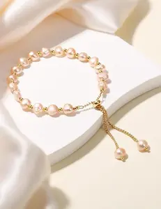 Hipunk Jewelry Freshwater Pearl Bracelet Chain Link Baroque Culture 14K Gold Filled Adjustable Fashion Valentine Charm Dainty Handmade Jewelry for Women Wife Mother