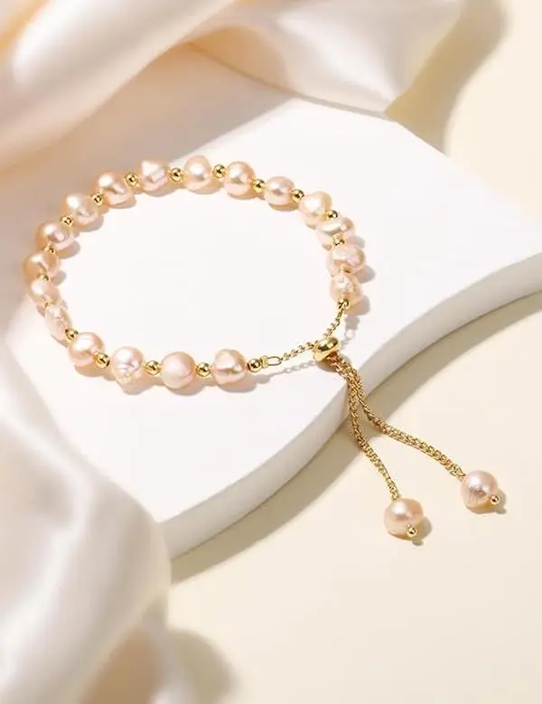 HIPUNK 14K Gold Filled Freshwater Pearl Beaded Bracelet - Elegant Jewelry, Exquisite Baroque Chain Link Charm, Dainty Handmade Adjustable Fashion Accessory for Women, Elegant Jewelry Bracelet