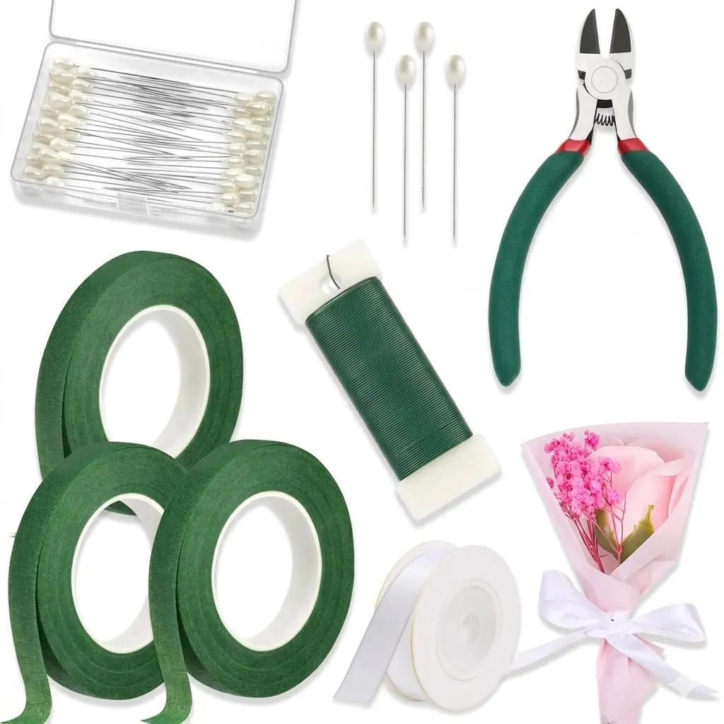 Floral Tape and Wire Kit, Dark Green Florist Tape & Flower Wire with White Ribbon, Boutonniere Pin, Cutter for Bouquets, Wreath Making, Crafts
