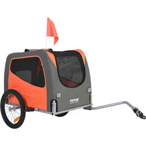 VEVOR Dog Bike Trailer,  Supports up to 66 lbs, Pet Cart Bicycle Carrier, Easy Folding Frame with Quick Release Wheels, Universal Bicycle Coupler, Reflectors, Flag, Collapsible to Store, Orange/Gray