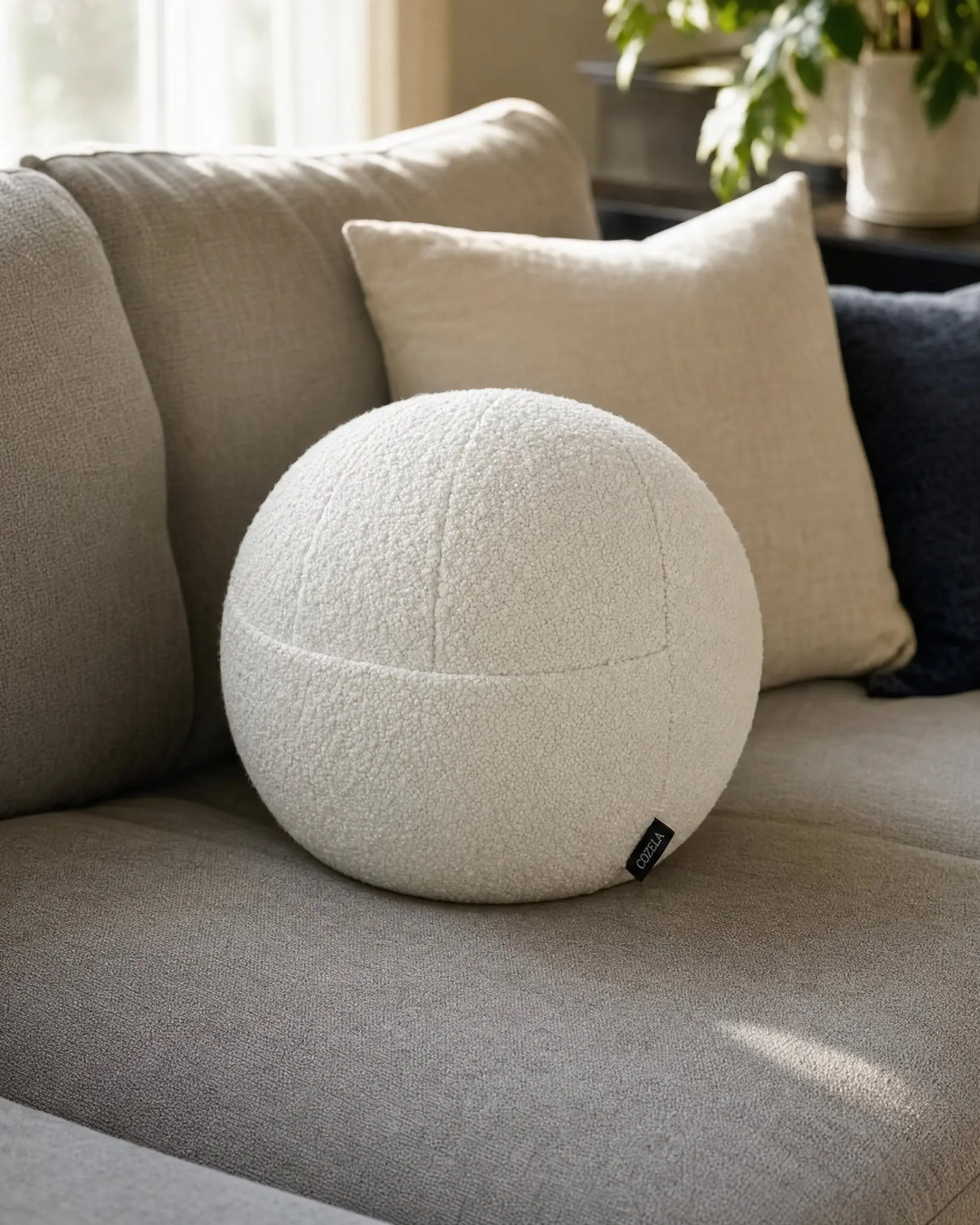 12-Inch White Bouclé Ball Pillow with Hidden Pocket, Ball Standard Pillow for Couch, Ball Standard Pillows
