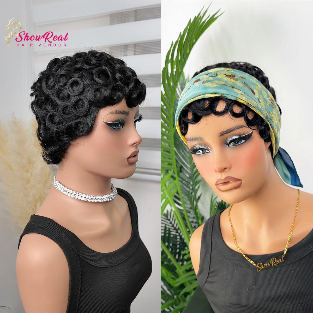 ShowReal 025 Chioma Wig Short Pixie Cut Wig Pin Curls Black Mommy Wig Curly Bomb #99J #1B/30 #4 #1B/4/27 #4/30/4 Colorful Brizalian Virgin Human Hair  Style Wigs For Black Women