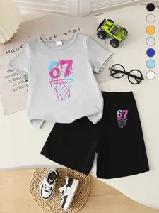 Summer Boys' T-Shirt Short Sleeve + Loose Shorts Set, Vibrant Basketball Frame Print, High Elasticity, Breathable, Casual Wear