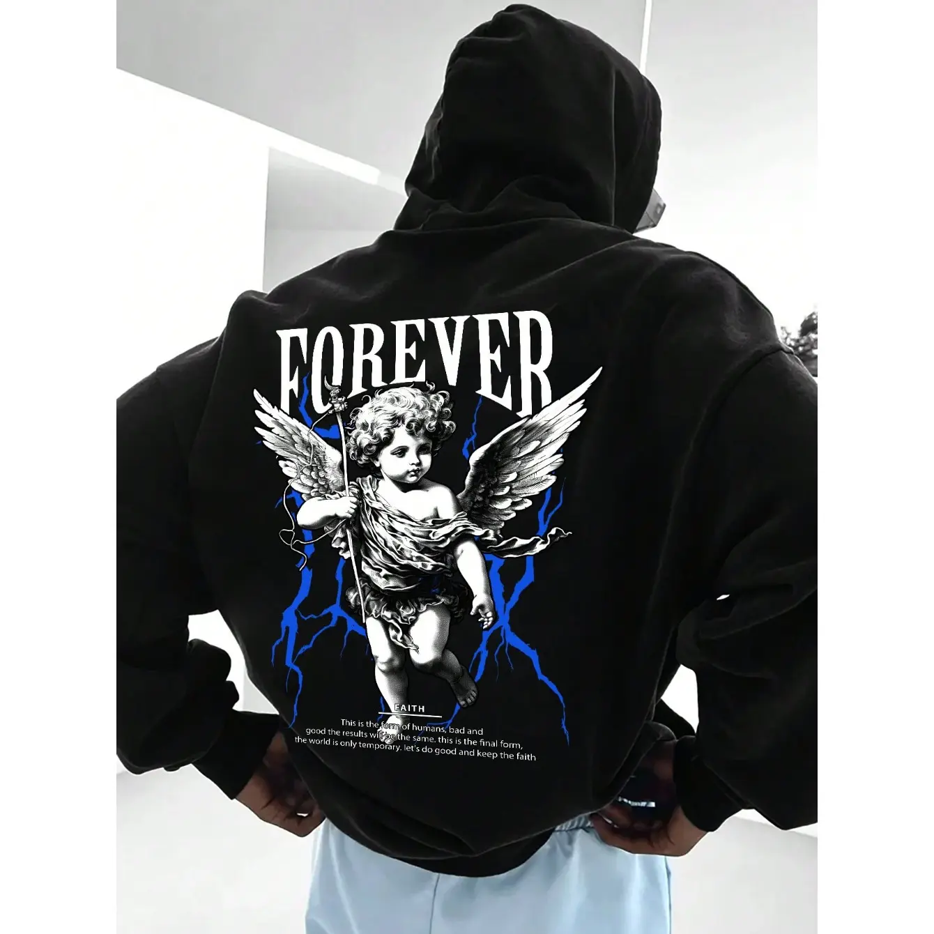 Men's Angel Graphic Pullover Hoodie - 2000s Aesthetic Emo Style Cotton Blend Streetwear Clothing, Fitted Regular Fit Longsleeve Alternative Style Graphic Hoodies for Casual OOTD, Clothes, Print, Cotton Poly, Colorful Graphic Men's Hoodies