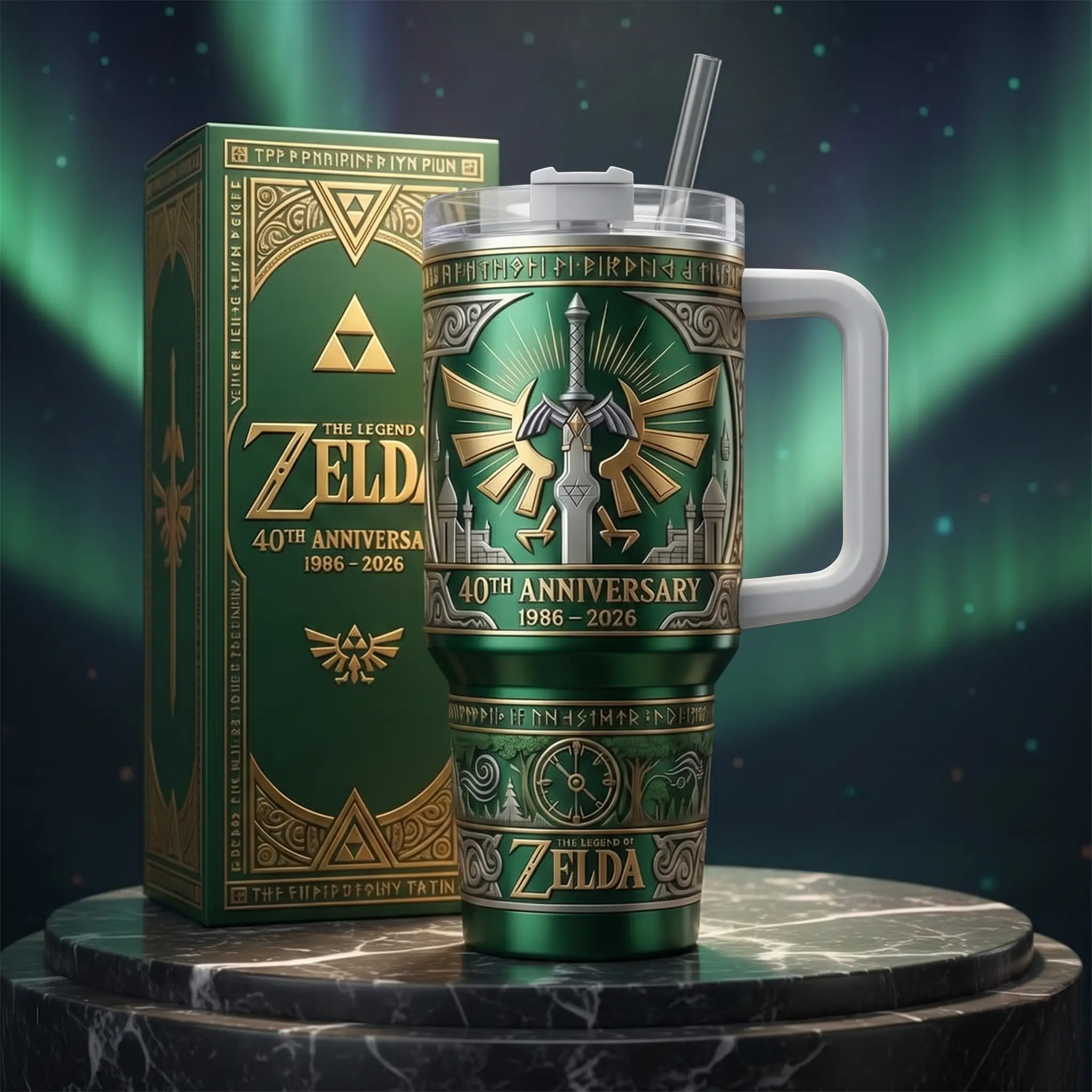 The Legend of Zelda 40th Anniversary 40oz Insulated Tumbler With Handle & Straw, 1986-2026 Collector Edition Stainless Steel Travel Mug, Master Sword & Triforce Gaming Cup, Zelda Fan Gift