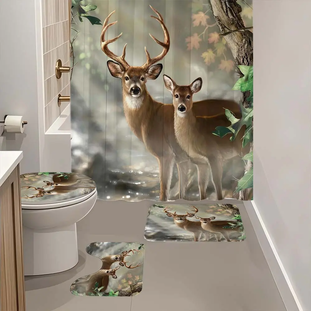 4 piece Whitetail Deer patterned shower curtain, The 4-piece set includes a single shower curtain, anti slip floor mat, toilet U-shaped mat, toilet lid mat, with shower curtain hook, and belongs to bathroom decoration products