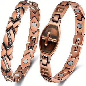 Female Copper Chic Adjustable Cross Charm Bangle - Hypoallergenic, Durable, Stylish Multilayered Stretch Bracelet with Heart Motif, Daily Fashion Accessory for Casual & Formal Occasions