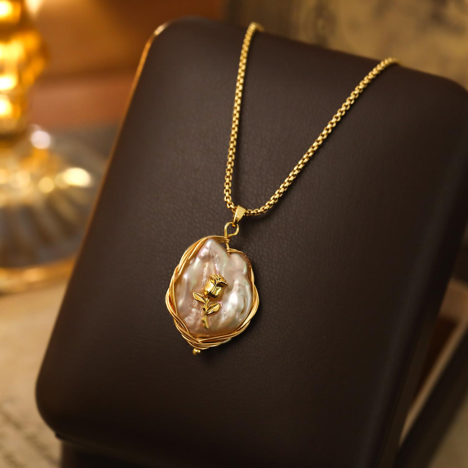 Vintage Large Baroque Pearl Pendant Necklace, 18K Gold Plated Tulip Clavicle Chain, Dainty Luxury Sweater Chain, Trendy 2026 Jewelry Gift for Her