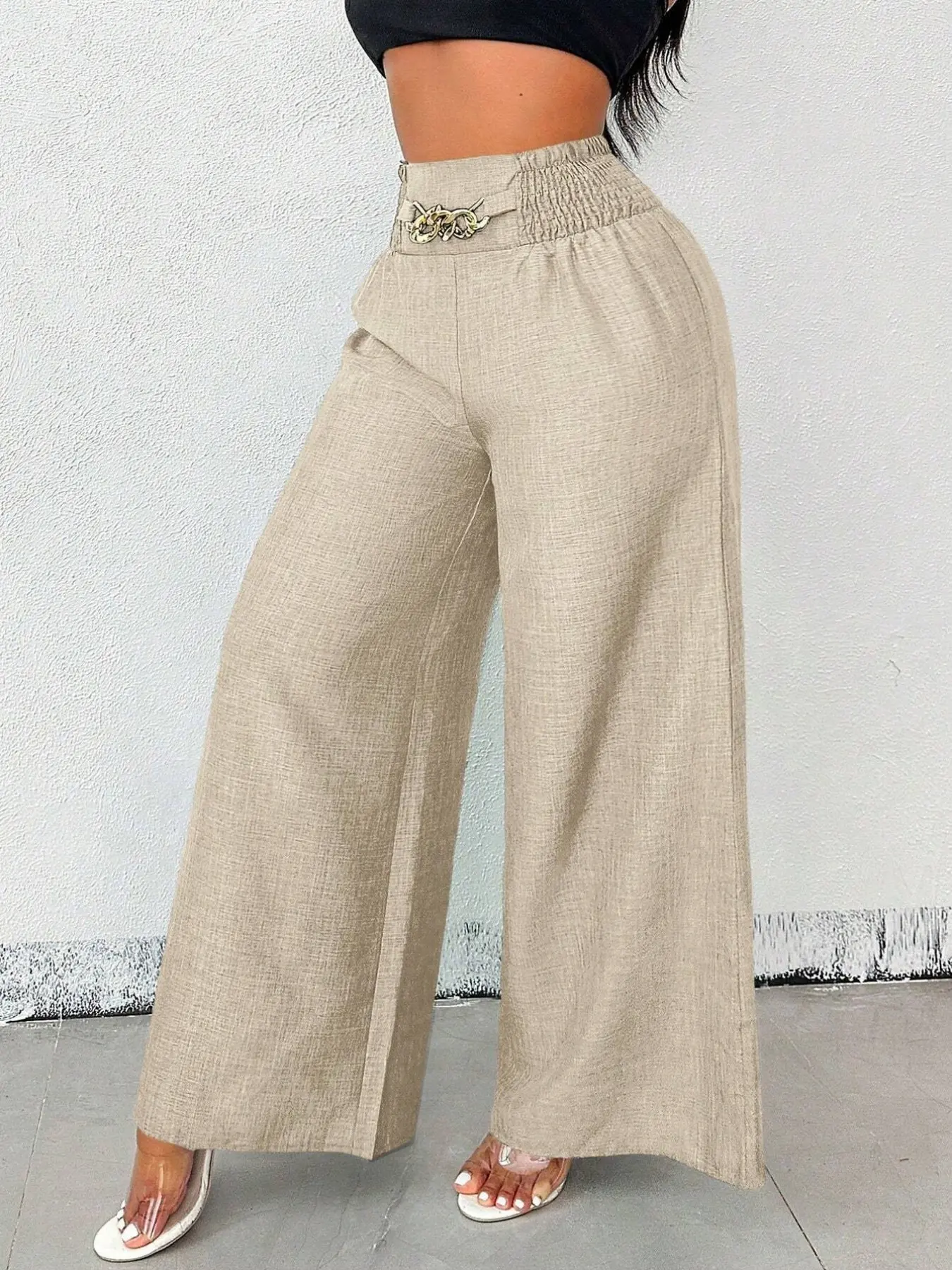 Women's solid color high-waisted elastic wide-leg pants with zipper detailing, featuring a drapey slimming fit; stylish and casual, suitable for sprin and summer, daily wear, commuting, and lounging Casual Fashion Bottoms Womenswear
