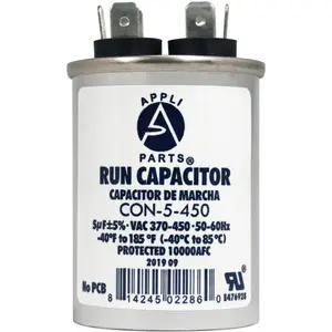 Appli Parts Run Capacitor for ac 5 Mfd uF (microfarads) 370 VAC or 450 VAC CBB65 Round Universal fit for hvac and other applications 2-1/2 in High 1-1/2 in Wide CON-5-450