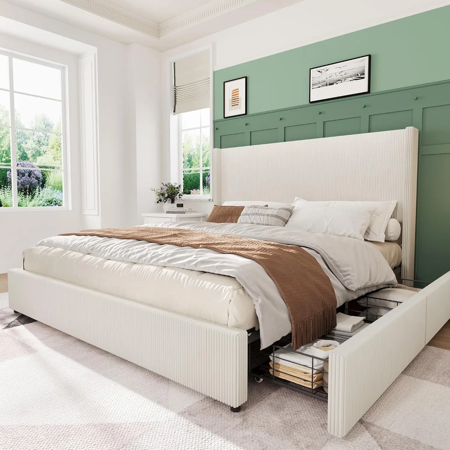 King Size Sturdy Upholstered Platform Bed Frame - Corduroy Wingback Tufted Headboard, Corduroy Footboard, Storage Drawers, No Box Spring Needed, Beige - Classic, Heavy-Duty, Large Bed Frames, Sturdy Bed Frame