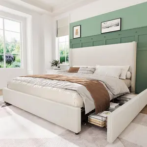 King Size Upholstered Platform Bed Frame with Storage Drawers Corduroy Wingback Tufted Headboard and Footboard No Box Spring Needed Beige
