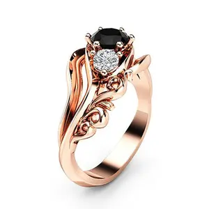 1 Piece Elegant Vintage Rose Design Ring with Black Synthetic Cubic Zirconia Center and Pink Gemstone, June Birthstone Women's Jewelry, Wedding Party Valentine's Day Gift, Year-round Wear, Gold Tone Ring, Romantic Accessory