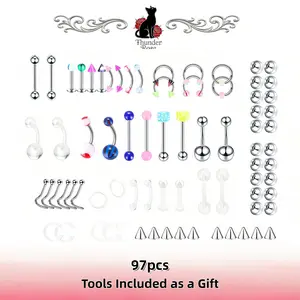 Stainless Steel + Acrylic Piercing Jewelry Set, 97Pcs, Hypoallergenic Assorted Belly Rings, Lip & Nose Studs, Versatile Daily Wear Accessories with Piercing Tools Included as a Gift