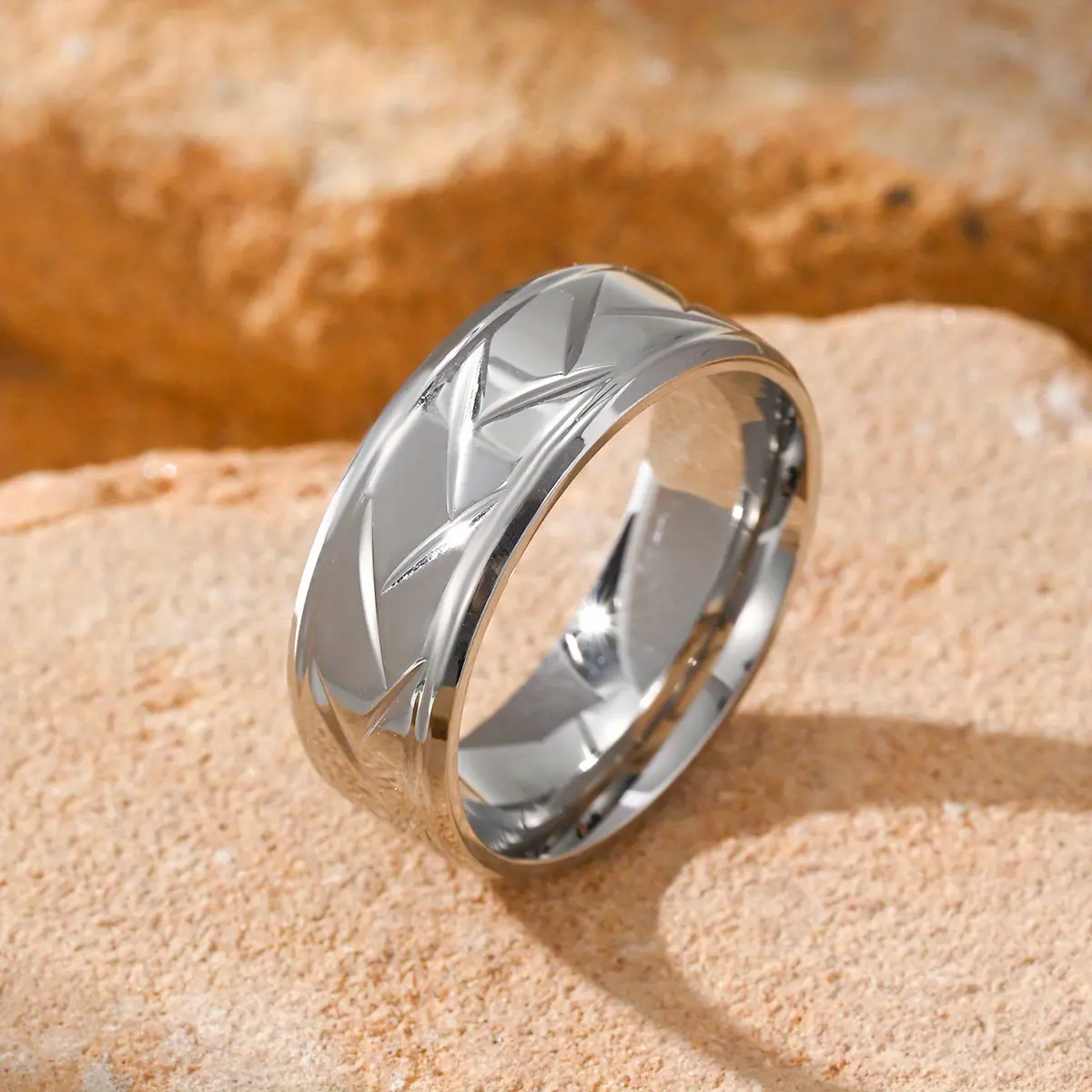Men's Engraved Moissanite Ring, Minimalist Geometric Stainless Steel Band for Casual Wear, Scratch-Resistant Stacking Jewelry, Engraved Ring, Moissanite Ring Band