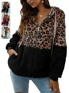Renaishow Womens Loose Fuzzy Zip Up Leopard Sherpa Hoodies Jacket Cheetah Hooded Zipper Fleece Sweatshirt Coat Casual Long Sleeve