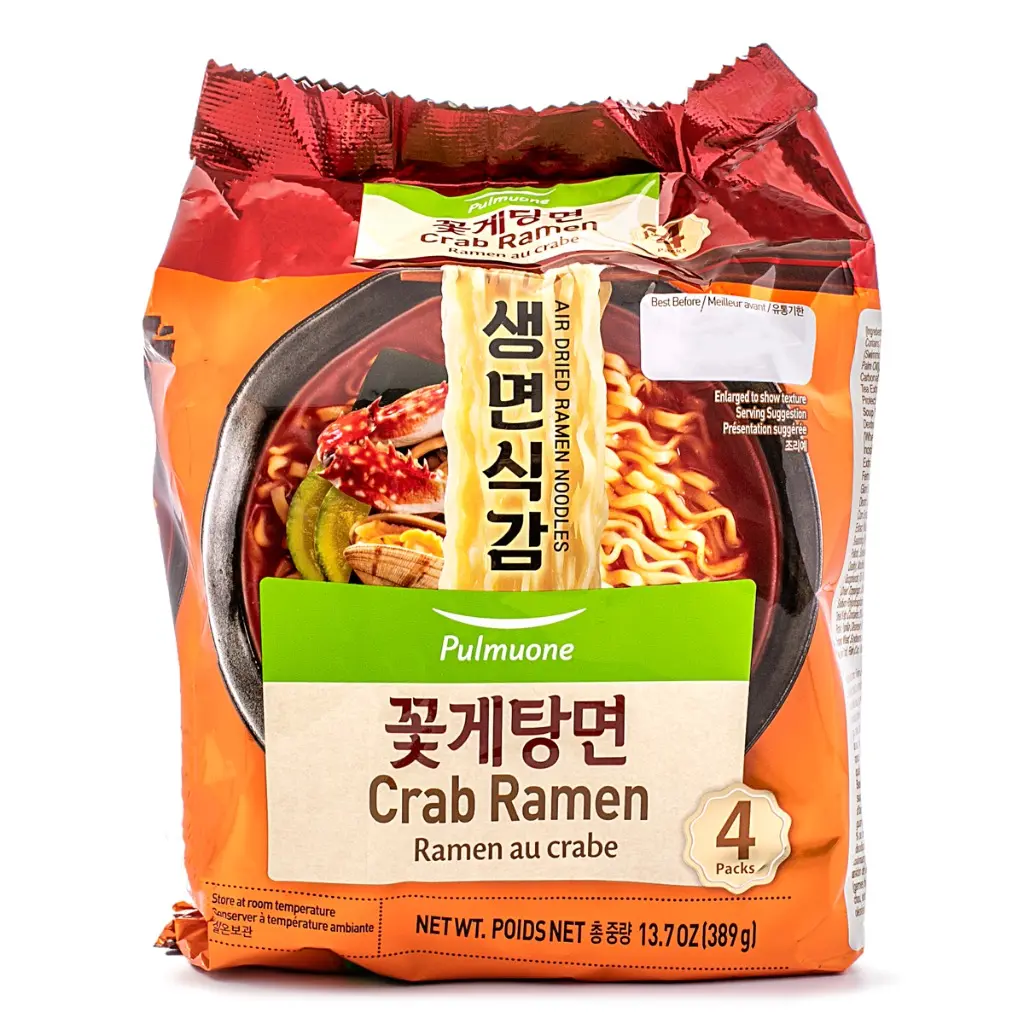 Pulmuone Korean Instant Food Ramen Noodle Soup Variety Pack, 13.7 oz (121g*4 Each) - Spicy Beef, Crab Jjamppong, Roasting Jjajang, Kimchi Stew Flavors