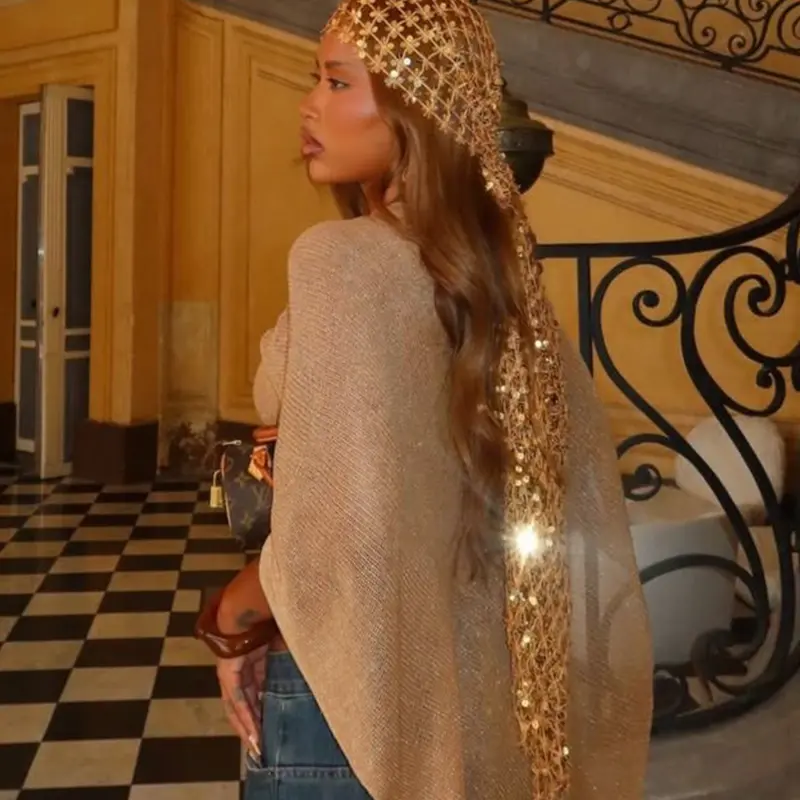 Women's Sparkling Sequin Scarf, Bohemian Mesh Long Shawl, Solid Color Fringe Scarf, Fashion Elegant Accessory, Boho Style Scarf