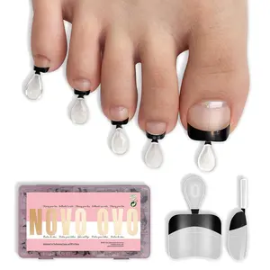 Half-Cover Toe Nail Tips Black French, Round Soft Gel False Toenails with Alignment Guide Lines, Pre-Designed Clear Faux Toes for DIY Pedicure Extension, 240Pcs 15 Sizes (Flexible PMMA)