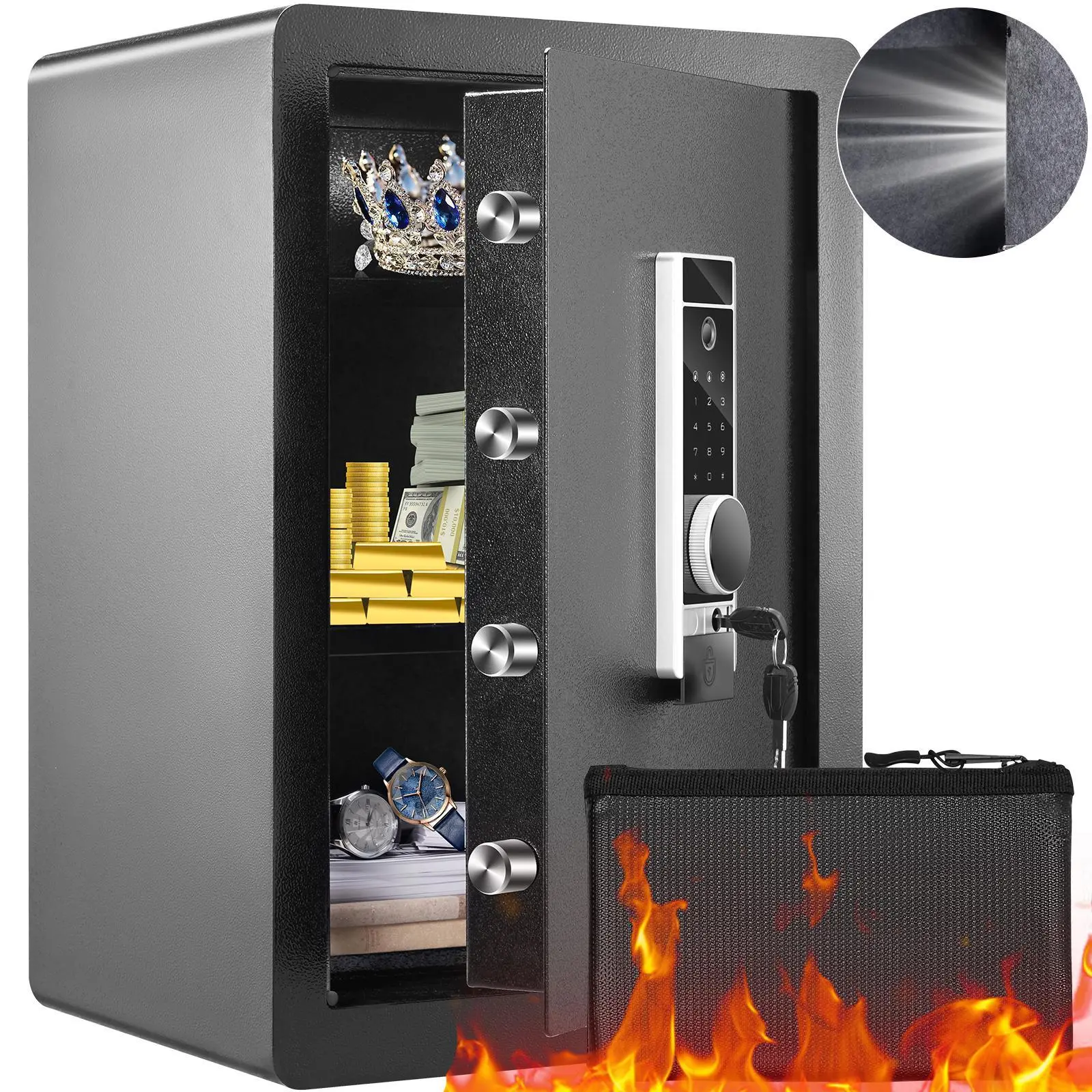 【summerfinds】VEVOR Safe, 2.2 Cubic Feet Home Safe, Steel Security Safe with Fingerprint, Digital Keypad and 2 Keys, Cabinet Safe with Large Fire-proof Bag, Protect Cash, Gold, Jewelry, Documents, 15.8x13x23.6 inch