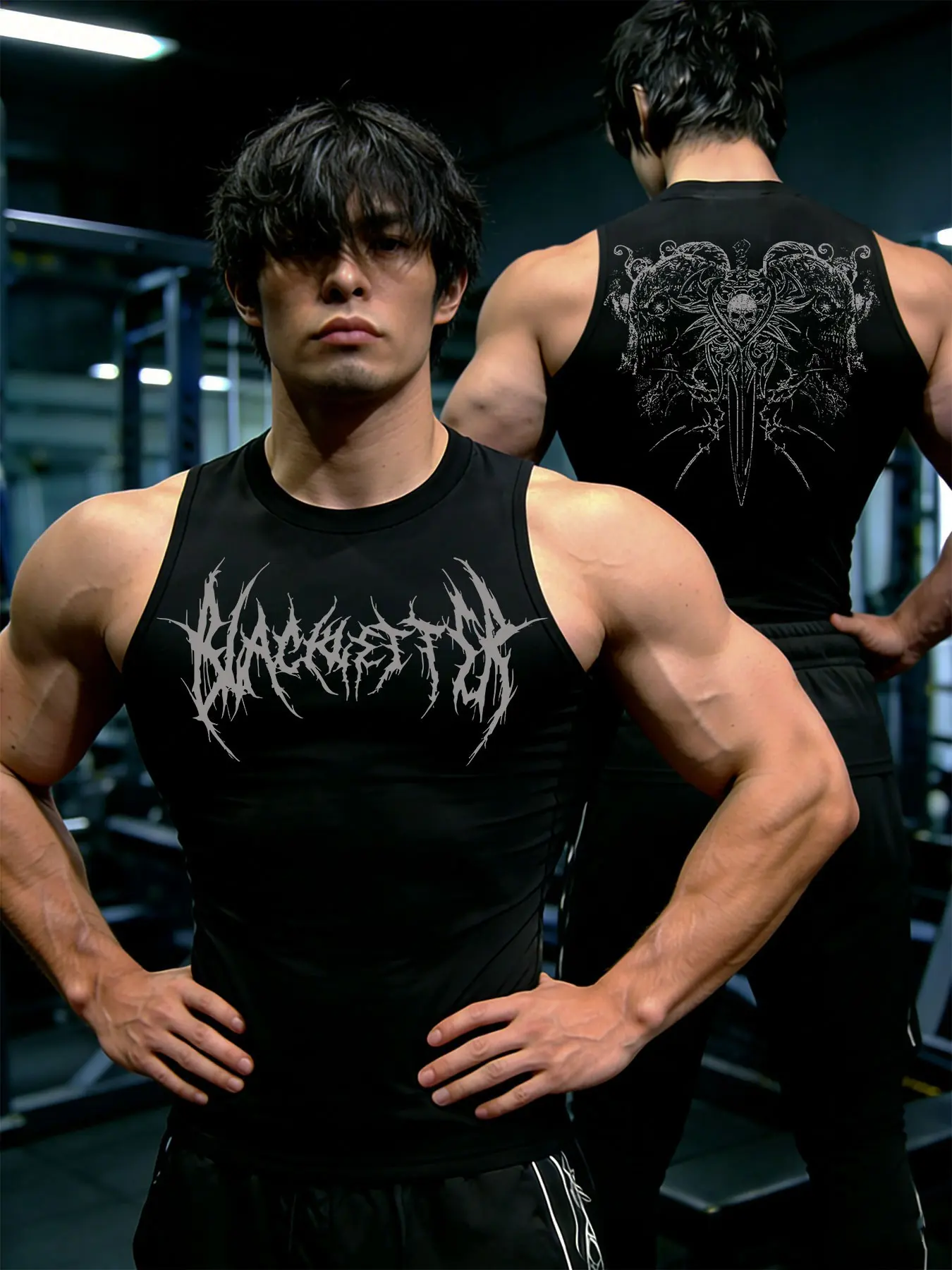 Men's Y2K Thorns Skull Print Gym Sports Vest, Sports Singlet, Stretchable Activewear For Fitness, Tight Fit Quick Dry Breathable Sleeveless Gym Top, Summer Running Volleyball Football Outdoor Sport, Fitness Workout Vest, Athletic Workout Clothing