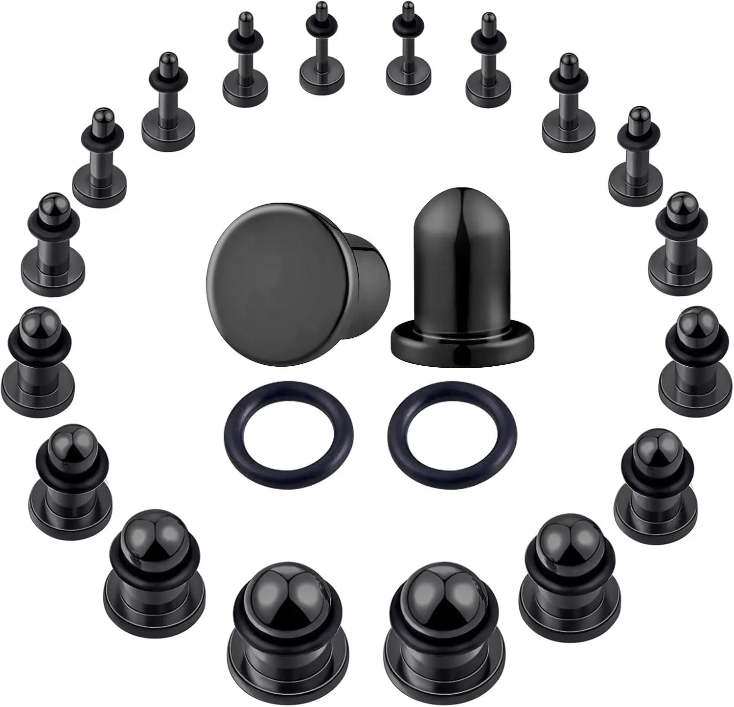 18Pcs 14G-00G Ear Gauges Stretching Kit Stainless Steel Plugs With Rubber Rings Short Taper Expander Set for Men Women