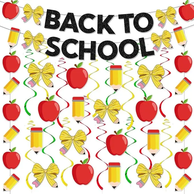 Back to School Pencil Bow Banner Welconme First Day of School Decorations | Back to Classroom Apple Pencil Banner Hanging Swirls Hanging Decorations for Preschool Kindergarten