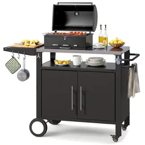 YODOLLA Outdoor Grill Table with Storage Cabinet and Wheels, Stainless Steel Top, Extension Plate, Outdoor Pizza Oven Stand Table for BBQ Barbecue