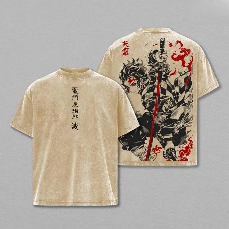 Tanjiro Kamado T-Shirt – Demon Slayer Kimetsu no Yaiba Vintage Washed Oversized Heavy Cotton Anime Manga Tee, Unisex Streetwear Retro Graphic Top Gift for Otaku Fans Unisex 100% Cotton T-shirt