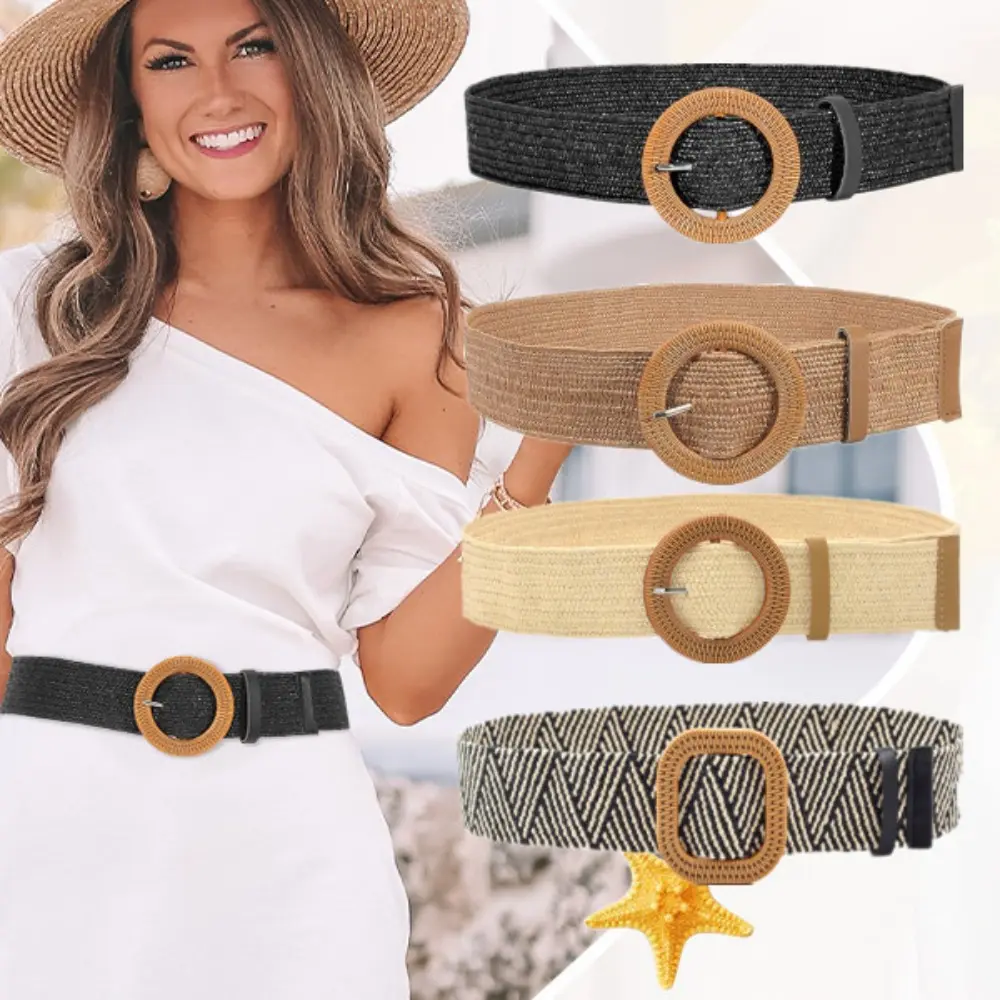 4 Pack Straw Woven Elastic Stretch Belts Women, Wide Boho Braided Dress Belts with Wooden Style Buckle