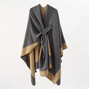Beige Satin Pashmina Hijab Wrap with Striped Border for All Seasons Travel and Leisure in Air-conditioned Rooms