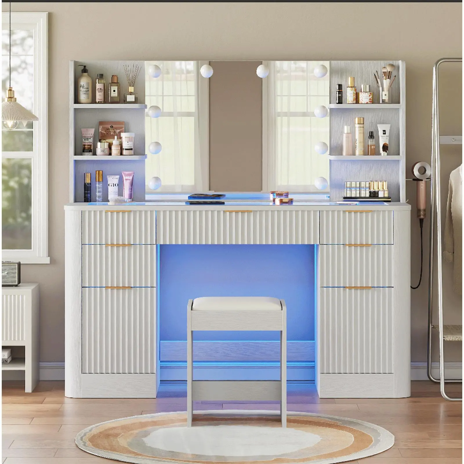 CollaredEagle Fluted Oak Makeup Vanity Desk with Mirror – Stylish, Adjustable, Illuminated Glass-Topped Makeup Vanity, RGB Glass Top, 10 Lights, Power Outlet, 7 Large Drawers for Bedroom, Stylish Makeup Vanities