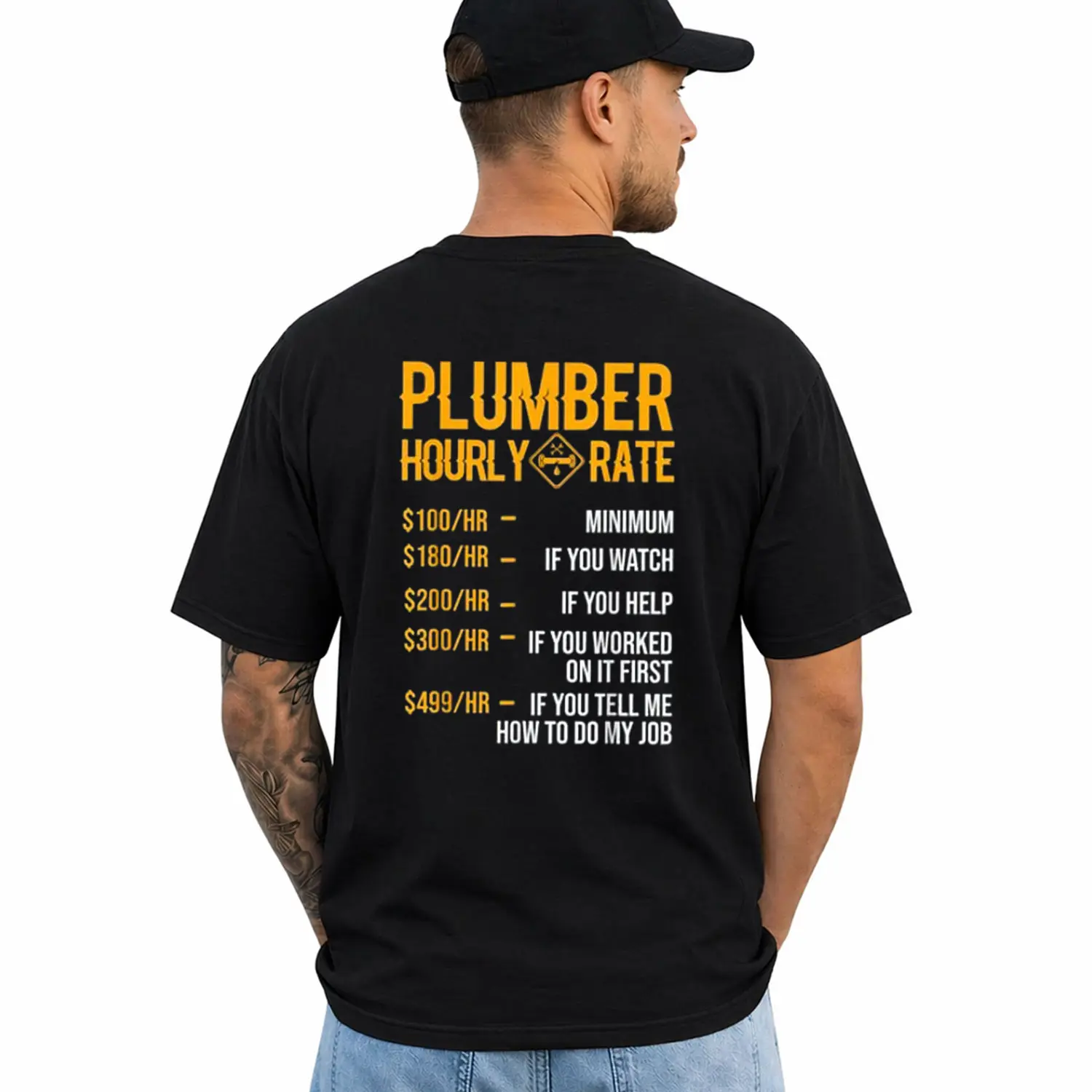 Funny Plumber Hourly Rate Shirt Blue Collar Worker Graphic Tee, Short Sleeve Printed Graphic Shirt, Daily Casual Cotton Menswear