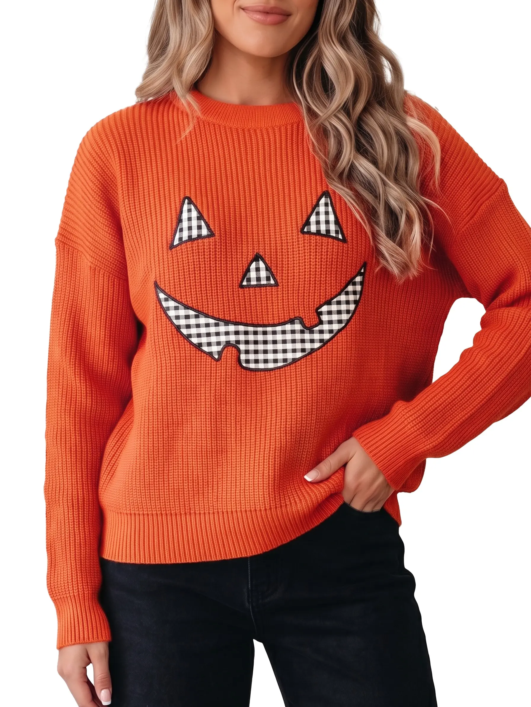 Women's Cute Halloween Pumpkin Sweater Plaid Jack-O-Lantern Pullover Long Sleeve Crewneck Oversized Knit Fall Jumper Top