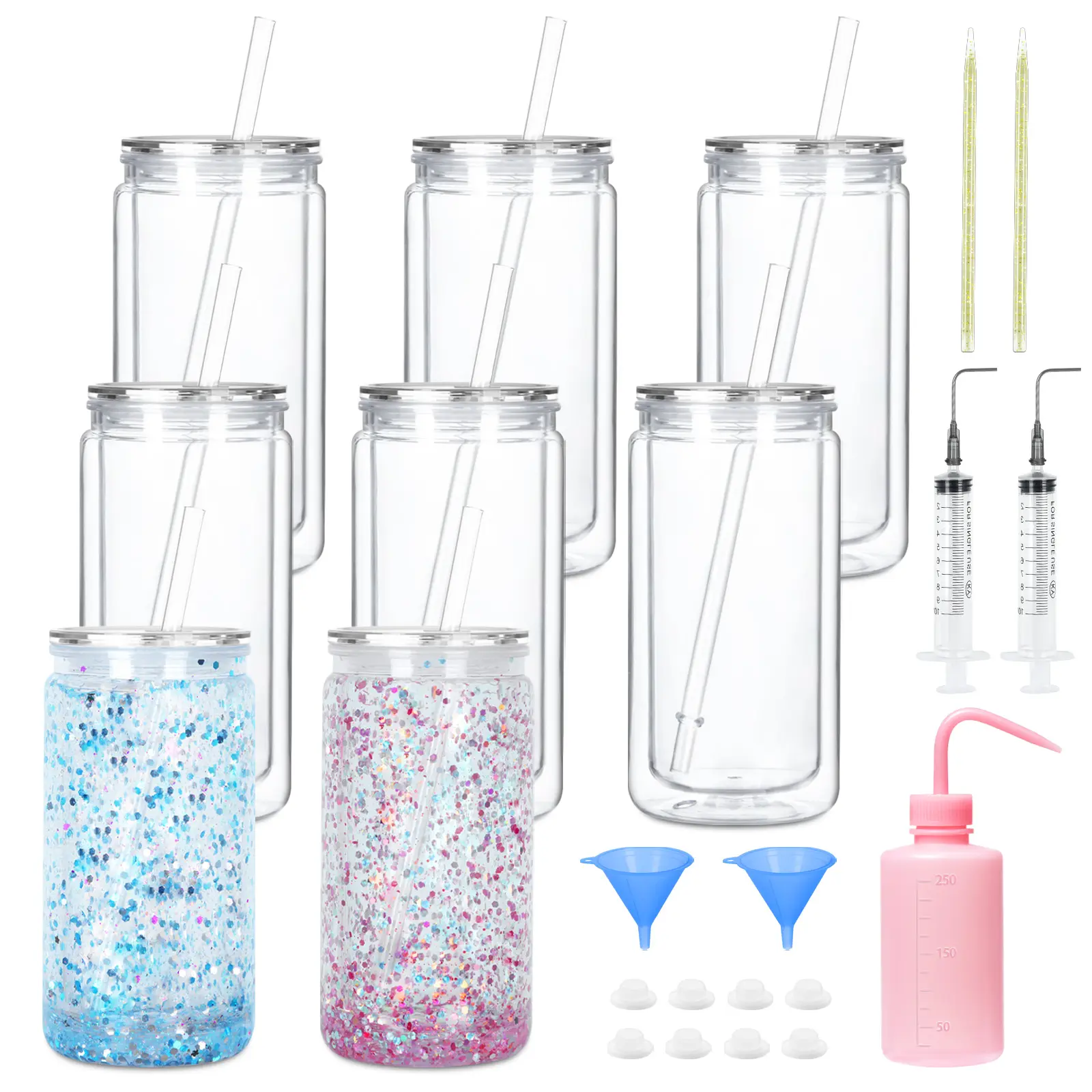 8-Pack 16oz Reusable Washable Acrylic Snow Globe Tumbler Set, Double-Wall Plastic Cup with Lid, Straw, 2 Funnels Precise DIY Tool Kit, Glitter Inside Cup for DIY Gifts, Bottle, Silicone