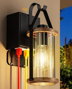 NookNova Porch Light with Outlet GFCI Dusk to Dawn Outdoor Lights for House Waterproof Exterior Lighting Fixtures Wood Look Glass Modern Front Porch Garage