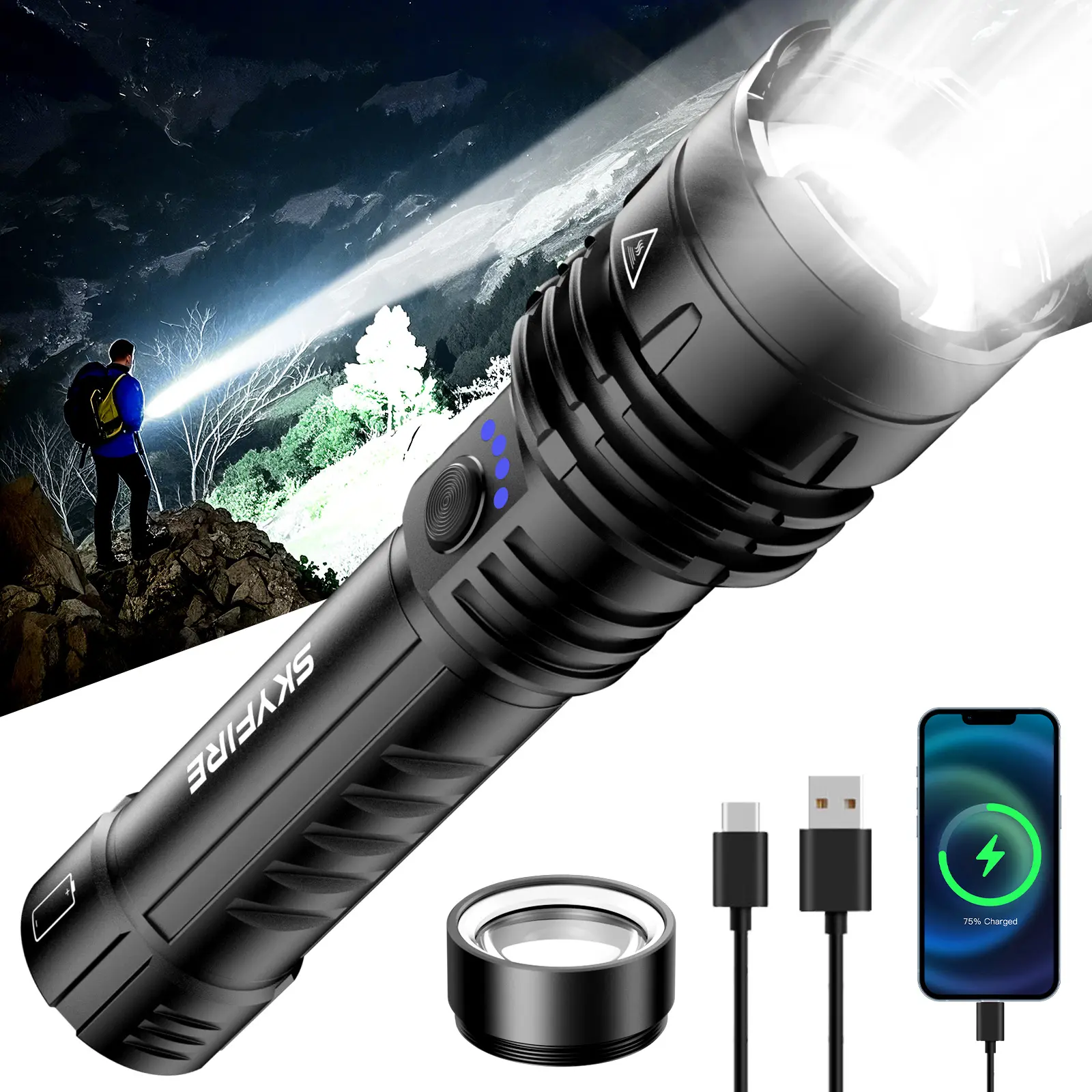 SKYFIRE 1376 LED Flashlights with Ignition Lens, Rechargeable 1500High Lumens Super Bright Zoomable Flash Light, 5 Modes Waterproof Handheld Powerful Tactical Flashlight for Emergency Camping#DealsForYouDays#TikTokShopDealsforYouDays #SummerWins​