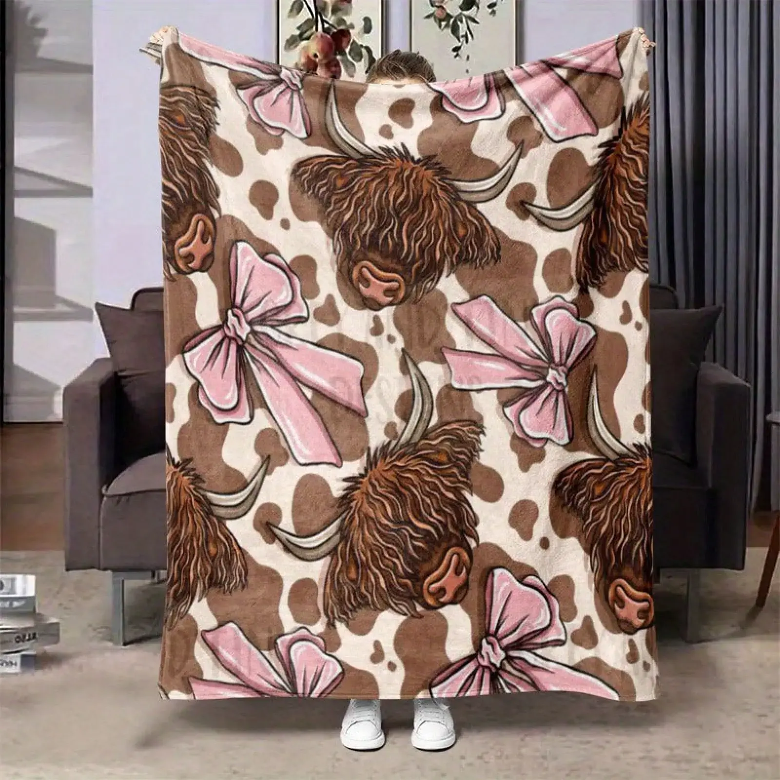 Highland cow and pink bow tie flannel blanket - Soft and warm all-season throw for office, bed, sofa, camping - Modern and comfortable gift with background design, cow blanket