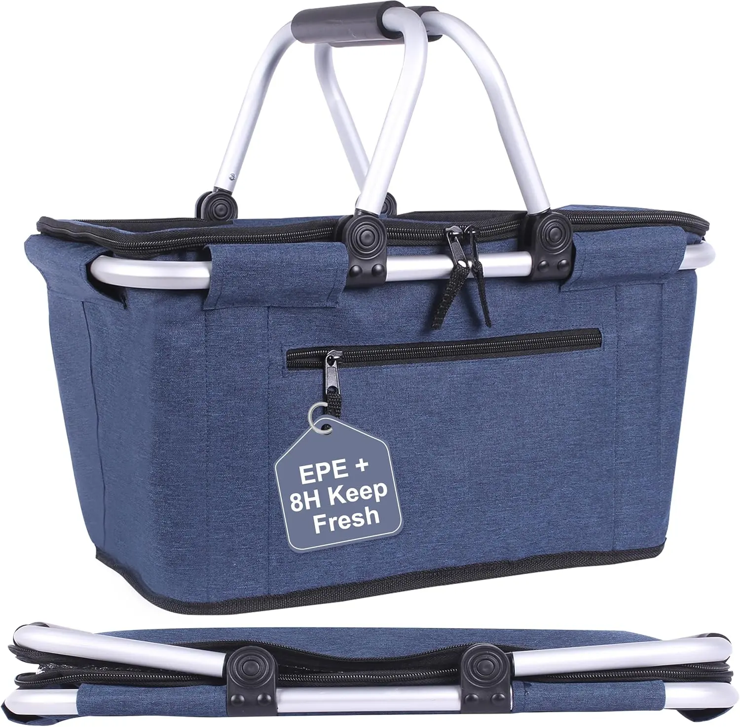 Picnic Basket, Collapsible Shopping Basket with Lid 27L Large Market Basket with Handles Reusable Folding Grocery Basket Insulated Cooler Bag for Picnic Travel, Blue