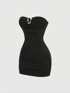 Women's New Fashion Comfortable Knitted Halter Tube Dress, Bodycon Stretch Dress, Metal Decorative Buckle, Hollow Out Design, Elegant Ruched Design, Slimming Waist, Party Wear, Formal, Casual Outerwear Metallic, Sleeveless, Womenswear, Black