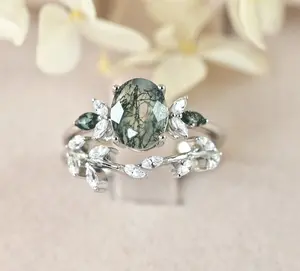 Floral Oval Cut Moss Agate Diamond Simulant CZ Engagement Ring and Wedding Band Bridal Ring Set Sterling Silver S14275