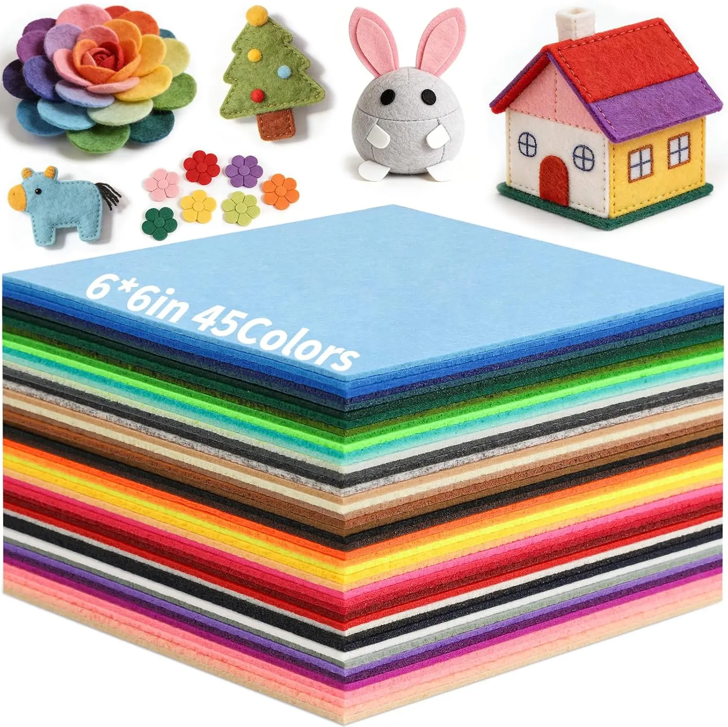 45 Pcs Felt Fabric Sheets for Craft, 6"x6" Assorted Colors Non Woven Felt Sheets, 2mm Thick Felt Fabric Square for DIY Sewing Crafts, Patchwork, School Projects, Decoration