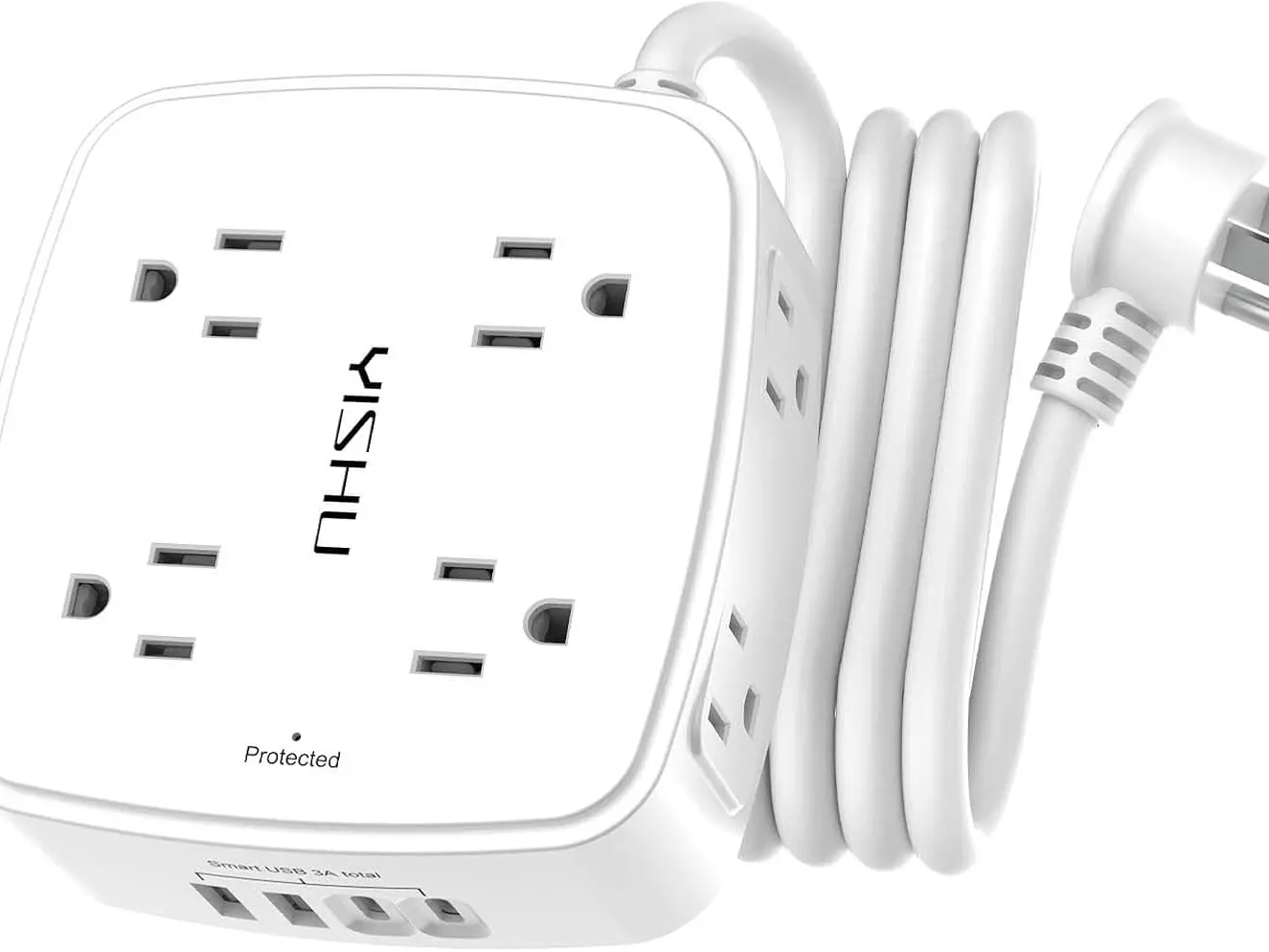 6 Ft Surge Protector Power Strip - 8 Wide Outlets, 4 USB Ports, 3-Side Outlet Extender, 6Ft Extension Cord, Flat Plug, Wall Mount, Desk USB Charging Station, ETL Certified, White