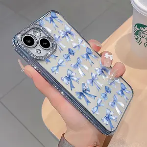 Full screen blue bows luxury rhinestone decor phone case for iPhone 17 17air 17pro 17promax 16 15 14 13 12 11 plus pro Max shockproof camera protector full protective cover