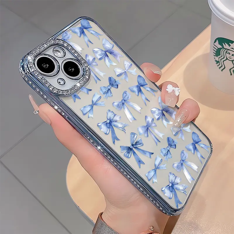 Full screen blue bows luxury rhinestone decor phone case for iPhone 17 17air 17pro 17promax 16 15 14 13 12 11 plus pro Max shockproof camera protector full protective cover