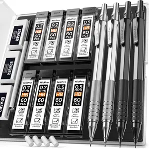 Nicpro Metal Mechanical Pencil Set with 8 Tubes HB & 2B Lead Refills, Erasers & Eraser Refills for Art Writing and Drafting, Multifunctional Stationery