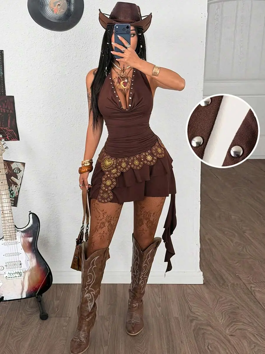 GRL Women's Dark Brown Summer Western Night Club Concert Outfit Boho Chic Y2k Stretchy Slim Fit Cowl Neck Backless Ruffle Fringe Mini Dress With Hat